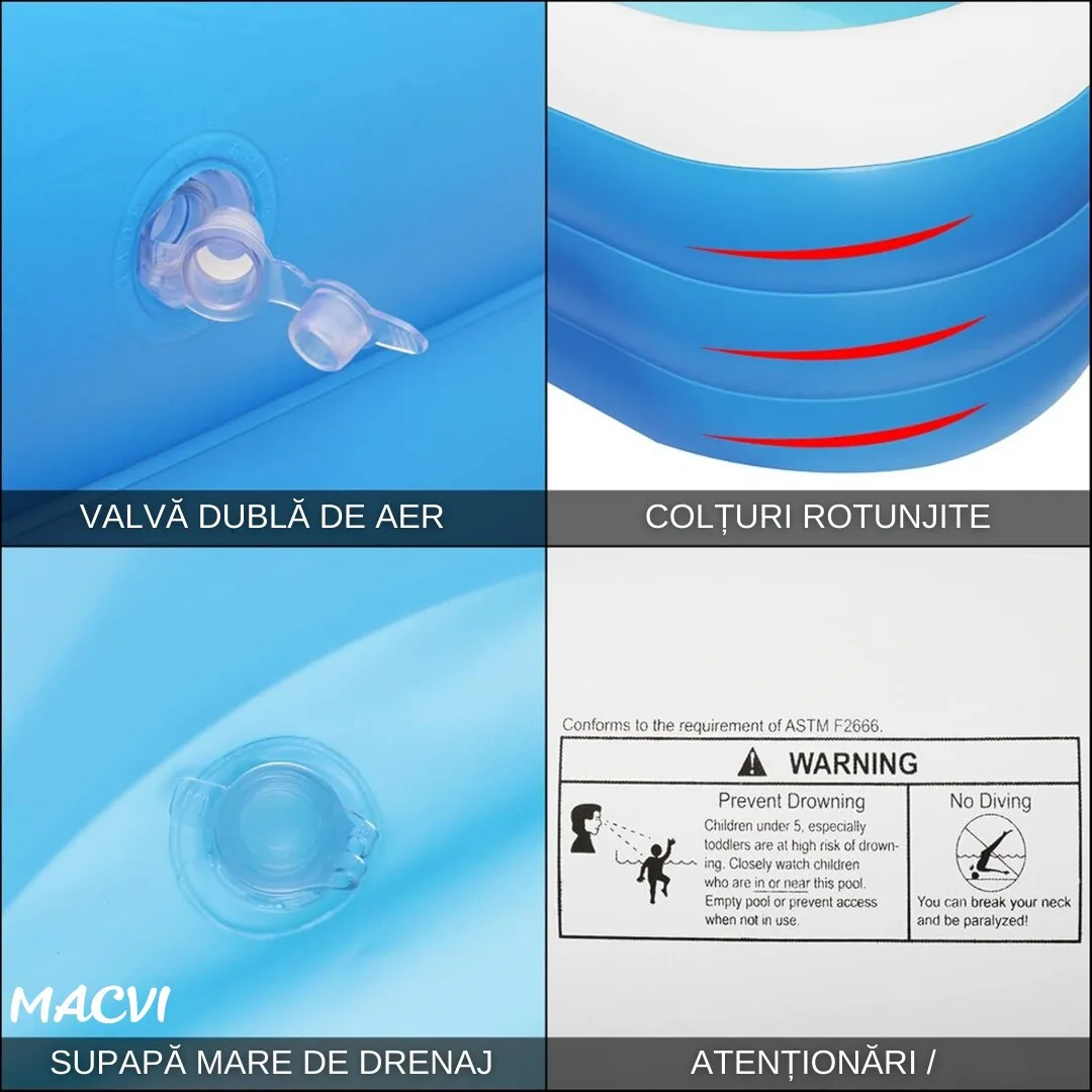Piscina gonflabila Macvi® din PVC rezistent, 210×150×60 cm, 2-4 persoane, pereti grosi, design confortabil pentru gradina si curte - imagine 3