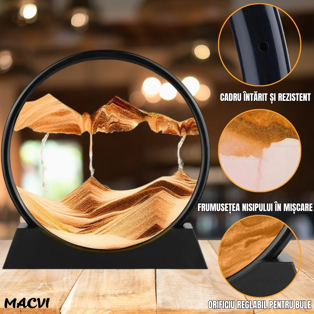 Obiect decorativ Macvi® cu efect 3D din nisip, masa rotativa 360°, baza din plastic, sticla si nisip, 18x19 cm, Galben - imagine 4