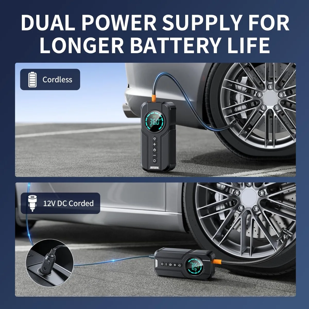 Compresor de aer auto Macvi® Smart, portabil si multifunctional, 6000mAh, 180PSI, lanterna LED SOS, baterie externa si accesorii complete - imagine 2
