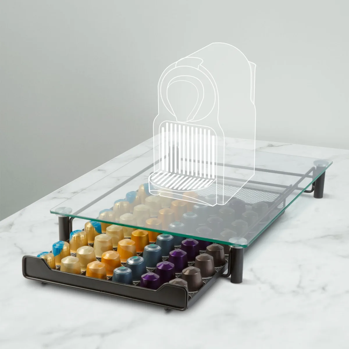 Suport capsule cafea Nespresso 60 capsule, metal cu sertar si blat sticla, negru mat, organizator espressor - imagine 2