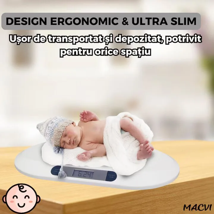 Cantar Electronic Bebe Macvi® cu Display LCD, Precizie la Gram, 20KG, Design Ergonomic, Ultra Slim, Alb - imagine 2