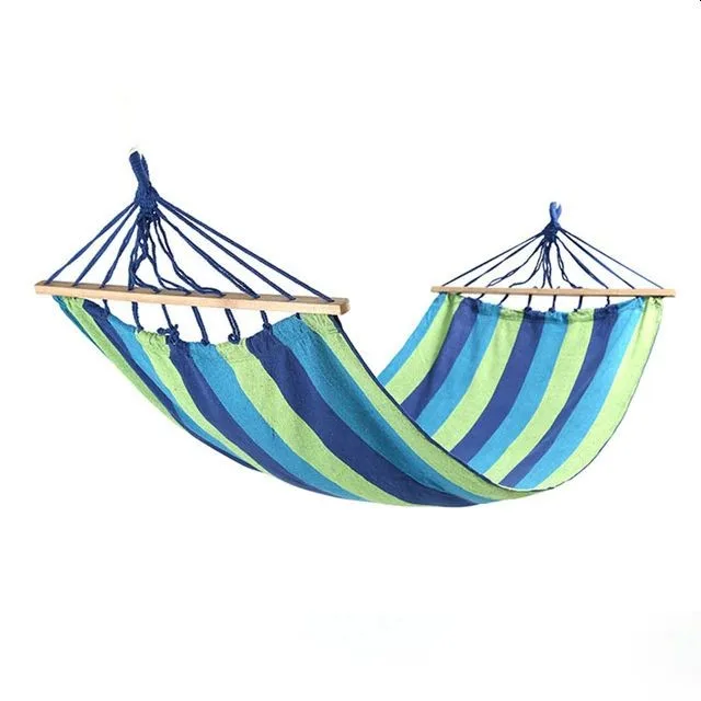 Hamac Tip Balansoar Macvi® , Albastru , Suport 150 kg , 2 tije de lemn