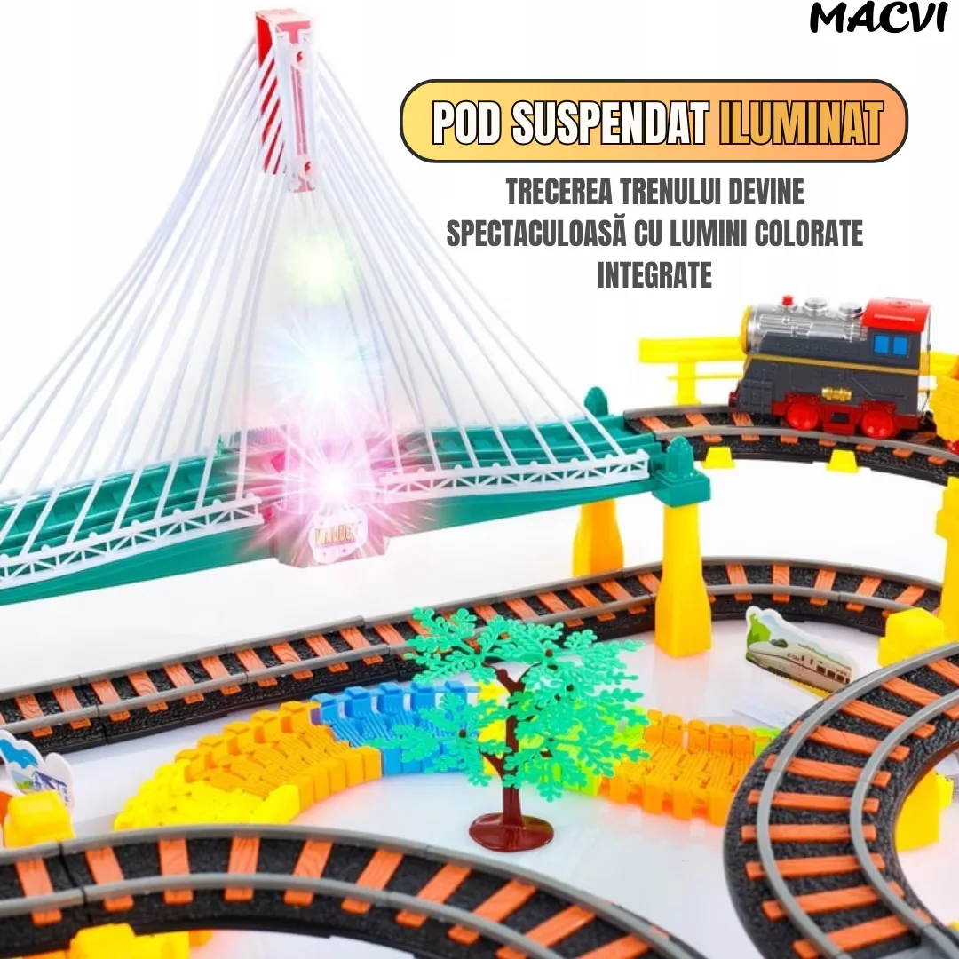 Circuit 2 in 1 XXL Macvi® 140 Piese, 86x74 cm, cu Trenulet Electric si Masinuta, Pod cu Lumini, Pista Rapid Transit de Mare Viteza, Multicolor - imagine 4