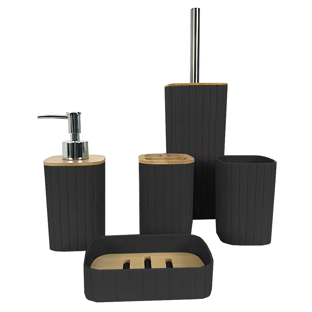 Set 5 Accesorii de Baie Teno®, dispenser de sapun, suport de periute, perie de toaleta, suport sapun, detalii din bambus, materiale rezistente, design minimalist, negru