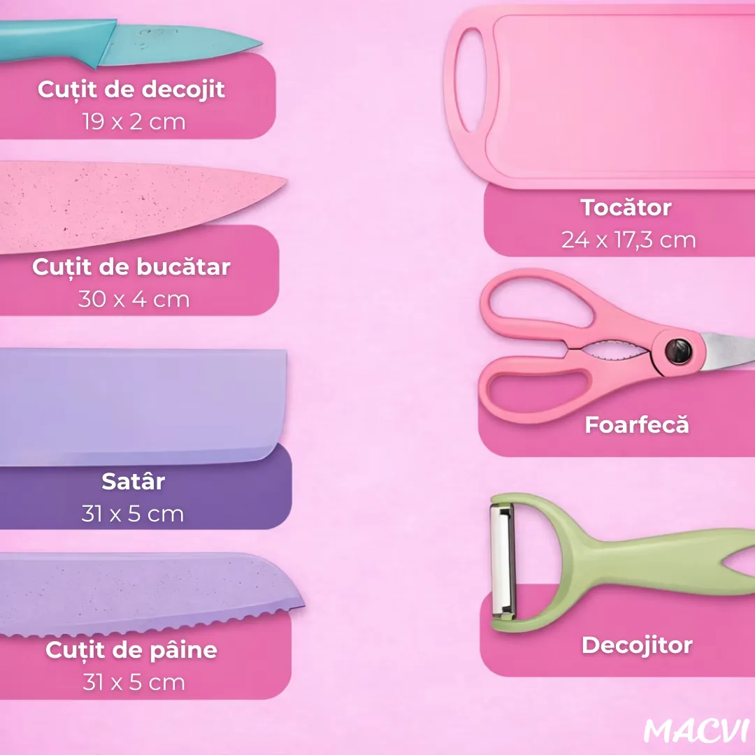 Set cutite bucatarie Macvi® 7 piese, otel inoxidabil, foarfece, curatator legume, tocator inclus, pentru carne, fructe si legume - imagine 4
