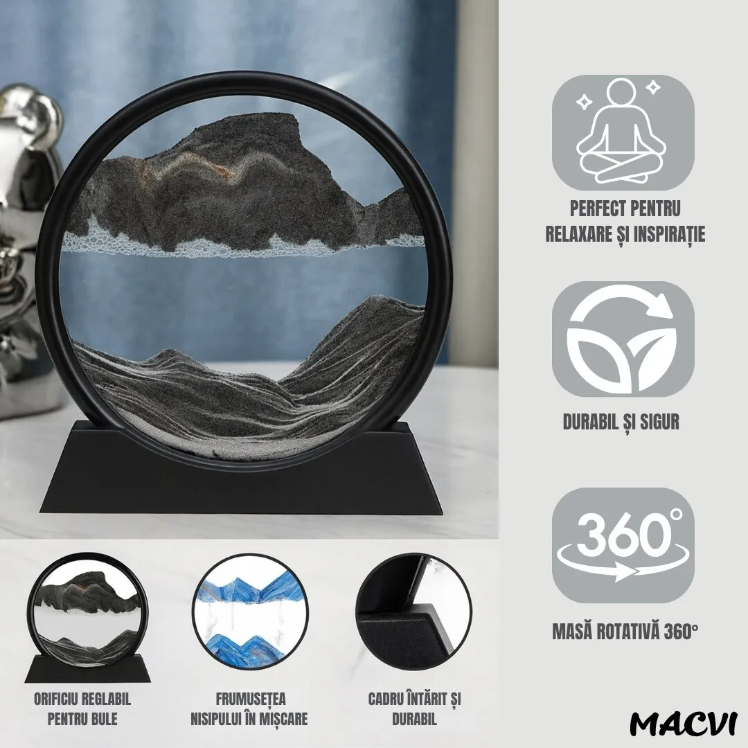 Obiect decorativ Macvi® cu efect 3D din nisip, masa rotativa 360°, baza din plastic, sticla si nisip, 18x19 cm, Negru - imagine 4