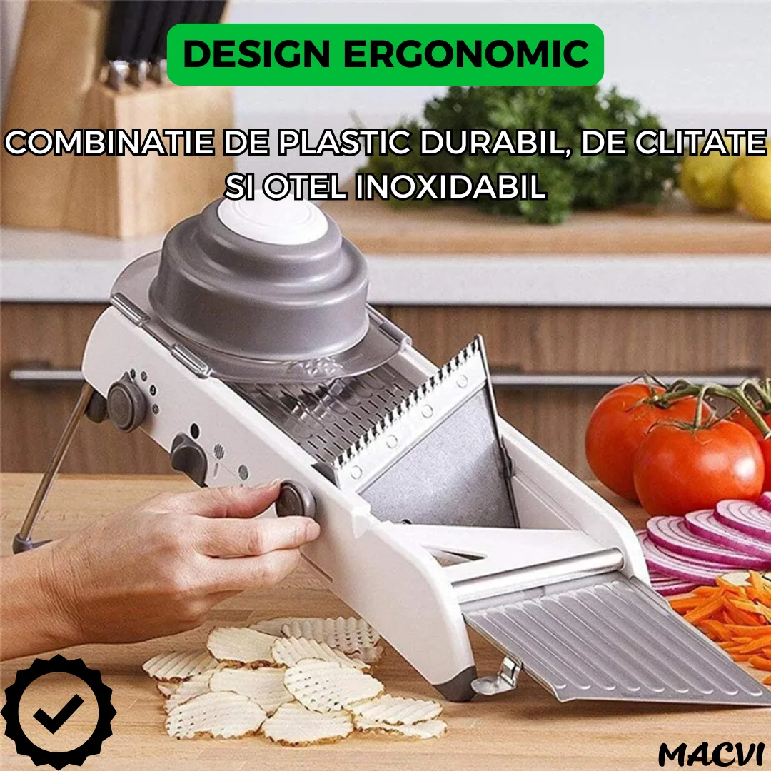 Razatoare Multifunctionala Macvi® pentru legume si fructe, 18 taieturi diferite, lame inox, reglabila 1-7 mm, ergonomica, gri - imagine 5