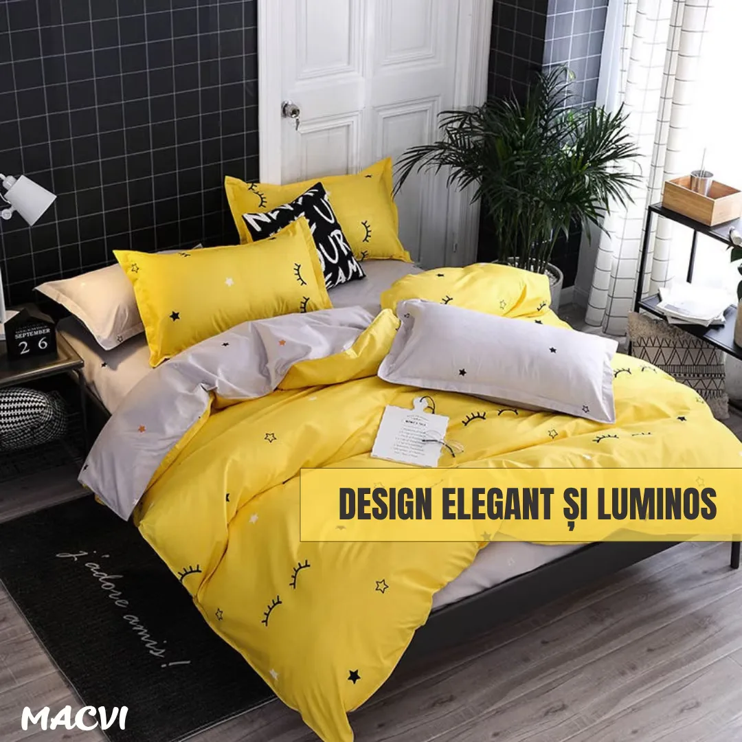 Lenjerie de pat Macvi®, bumbac gros finet, 2 persoane, 4 piese, galben, potrivita pentru saltele 180x220 - 200x230 - imagine 2