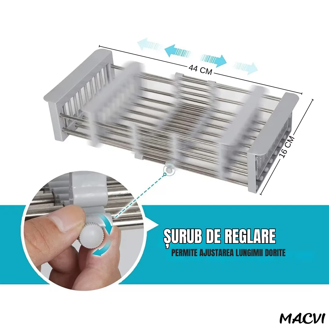 Cos de scurgere pentru chiuveta mica Macvi®, inox si plastic alimentar, 46x16 cm, extensibil, pentru legume, fructe si vase - imagine 2
