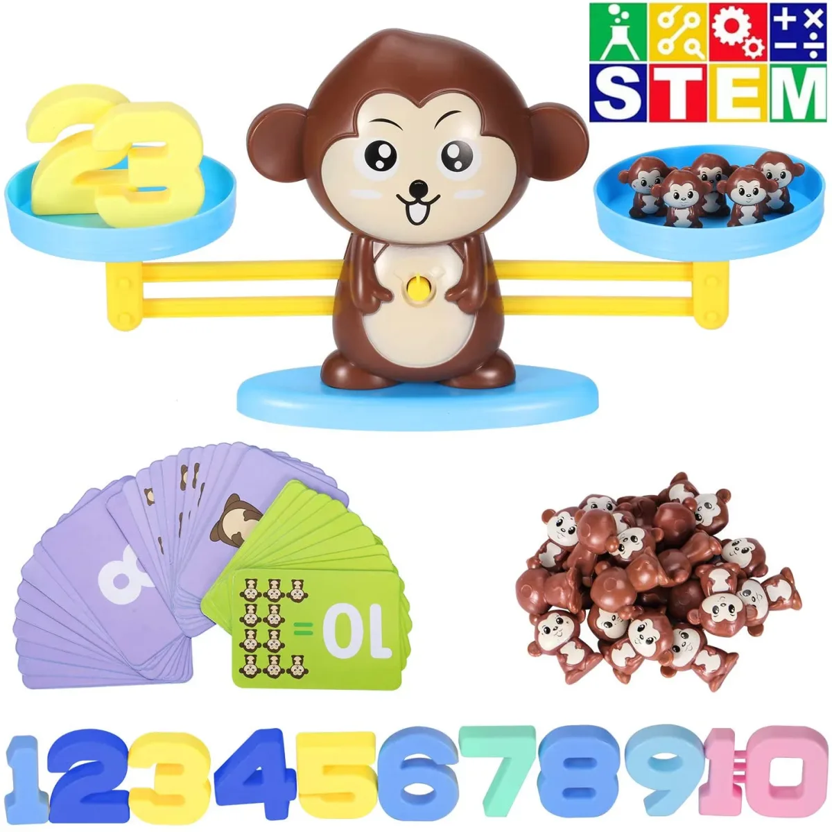 Jucarie Educativa Macvi® Maimuta Balanta STEM cu 65 Piese Joc Matematica si Numere Copii - imagine 3
