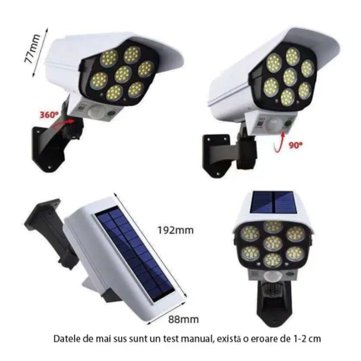 Lampa Solara Tip Camera Falsa Macvi® cu Senzor de Miscare si 77 LED-uri SMD, 3 Moduri de Iluminare, Panou Solar, Control prin Telecomanda, Design Realist, IP65 - imagine 2