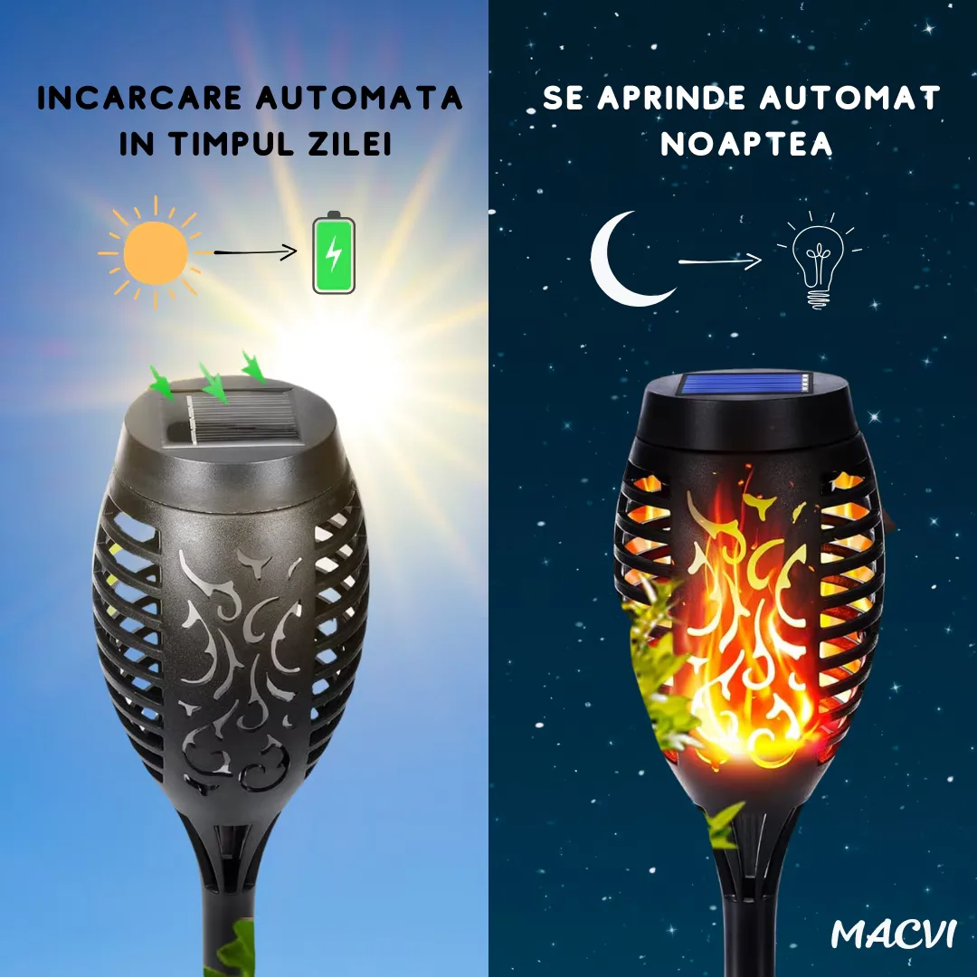 Lampa solara Macvi® 72 LED-uri cu efect flacara, baterie 1200mAh, senzor crepuscular, impermeabila, ideala pentru curte si gradina - imagine 3