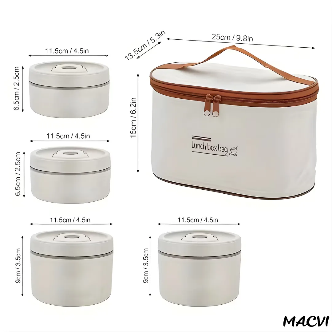 Set Caserole Termice Macvi® din Otel Inoxidabil cu Geanta termoizolanta, 4 Bucati, 2x 450ml si 2x 600 ml, 2xTacamuri Incluse, Capac Etans cu Clips si Inel Silicon pentru Scoala Birou Picnic Bej - imagine 2