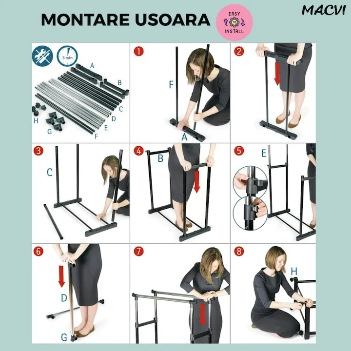 Suport Haine Macvi® Dublu cu Inaltime Reglabila, Bara Metalica si Roti Pivotante Cuier Mobil pentru Uscare si Organizare, Ideal pentru Haine si Incaltaminte - imagine 2