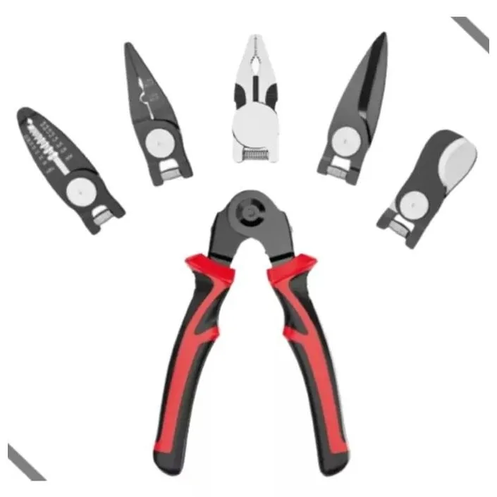 Set 5 in 1 patent multifunctional Macvi®, din otel, taietor cablu, dezizolator, cleste, sertizare, taietor, foarfeca, cu husa de depozitare, maner anticurentare si design ergonomic