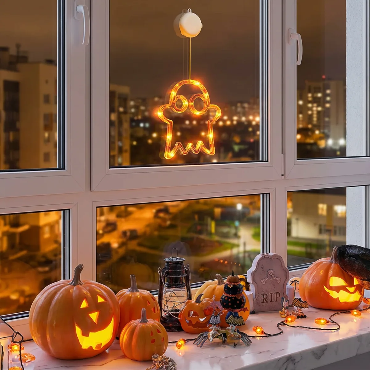 Decor lumini Halloween, fantoma, ventuza, 12 LED, 20x18,5 cm, plastic, alb cald, baterii
