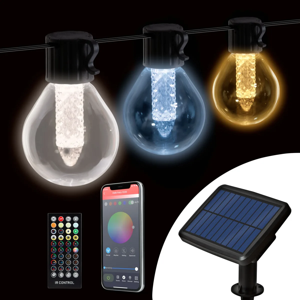 Sir luminos solar inteligent 15 LED, 7.5 m, Bluetooth, lumina reglabila, exterior IP65