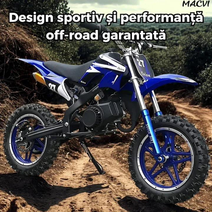 Motocicleta cross Macvi® pentru copii 49cc cu roti groase pornire usoara si motor pe benzina ideala pentru off road, Albastru - imagine 5