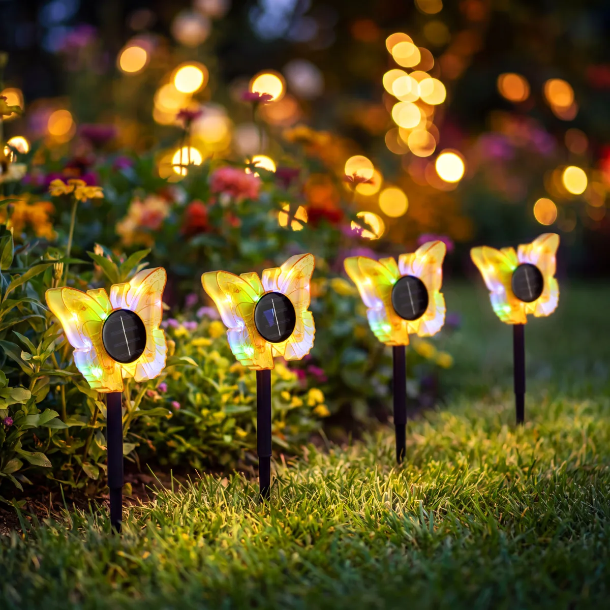 Lampa Solara de Gradina cu Fluture, LED Alb Cald si Multicolor, 35 cm, Galben