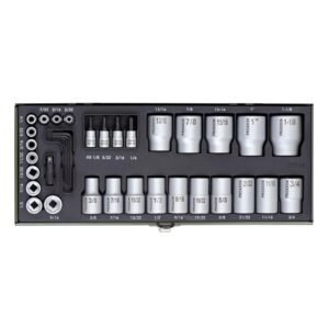 Trusa tubulare si biti, 36 de piese pentru dimensiuni in inch, 1/4″ si 1/2″, Proxxon 23114