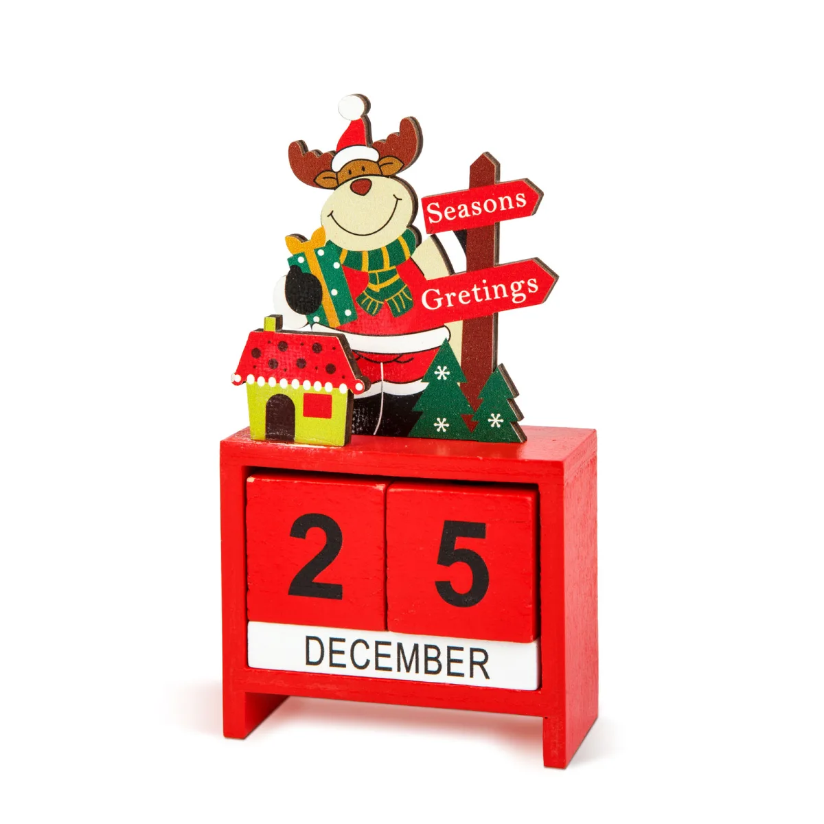 Calendar Craciun din lemn MDF, 13.5x7x3.5 cm, model Mos Craciun/ ren/ om de zapada