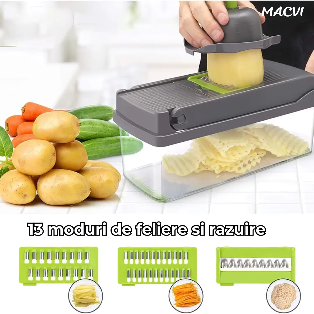 Razatoare Multifunctionala 15 in 1 Macvi®, 20 Piese, 13 Tipuri de Feliere, Ideala pentru Fructe, Legume si Branzeturi, Otel Inoxidabil, Verde/Gri - imagine 2