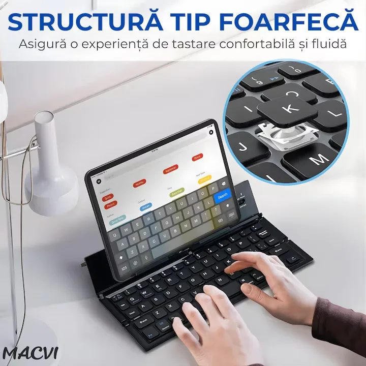 Tastatura Bluetooth pliabila Macvi® wireless, compacta, touchpad integrat, compatibila tableta si laptop, negru - imagine 5