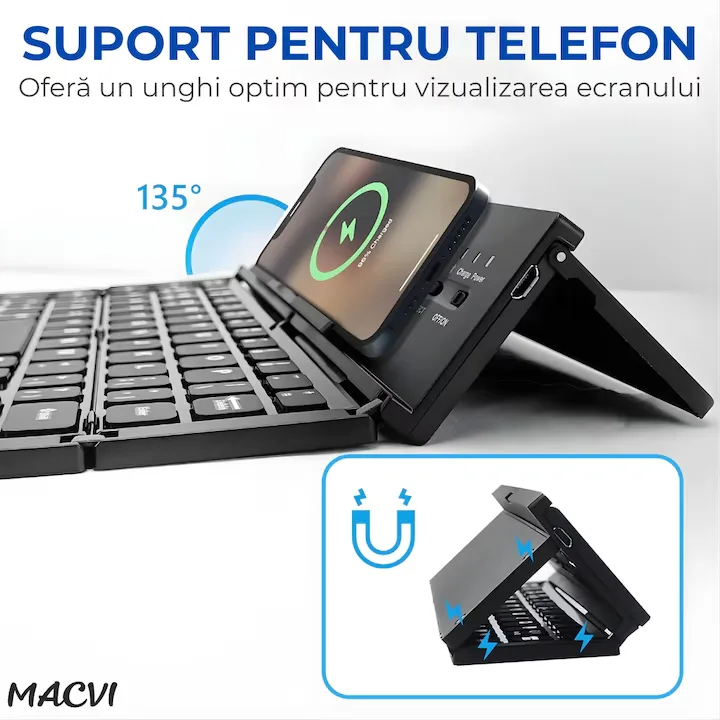 Tastatura Bluetooth pliabila Macvi® wireless, compacta, touchpad integrat, compatibila tableta si laptop, negru - imagine 4