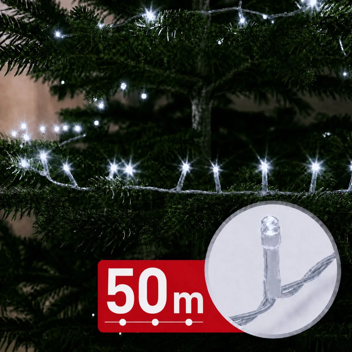 Instalatie de Craciun 50 m, 1000 LED alb rece, 8 jocuri lumini, timer, IP44, cablu transparent