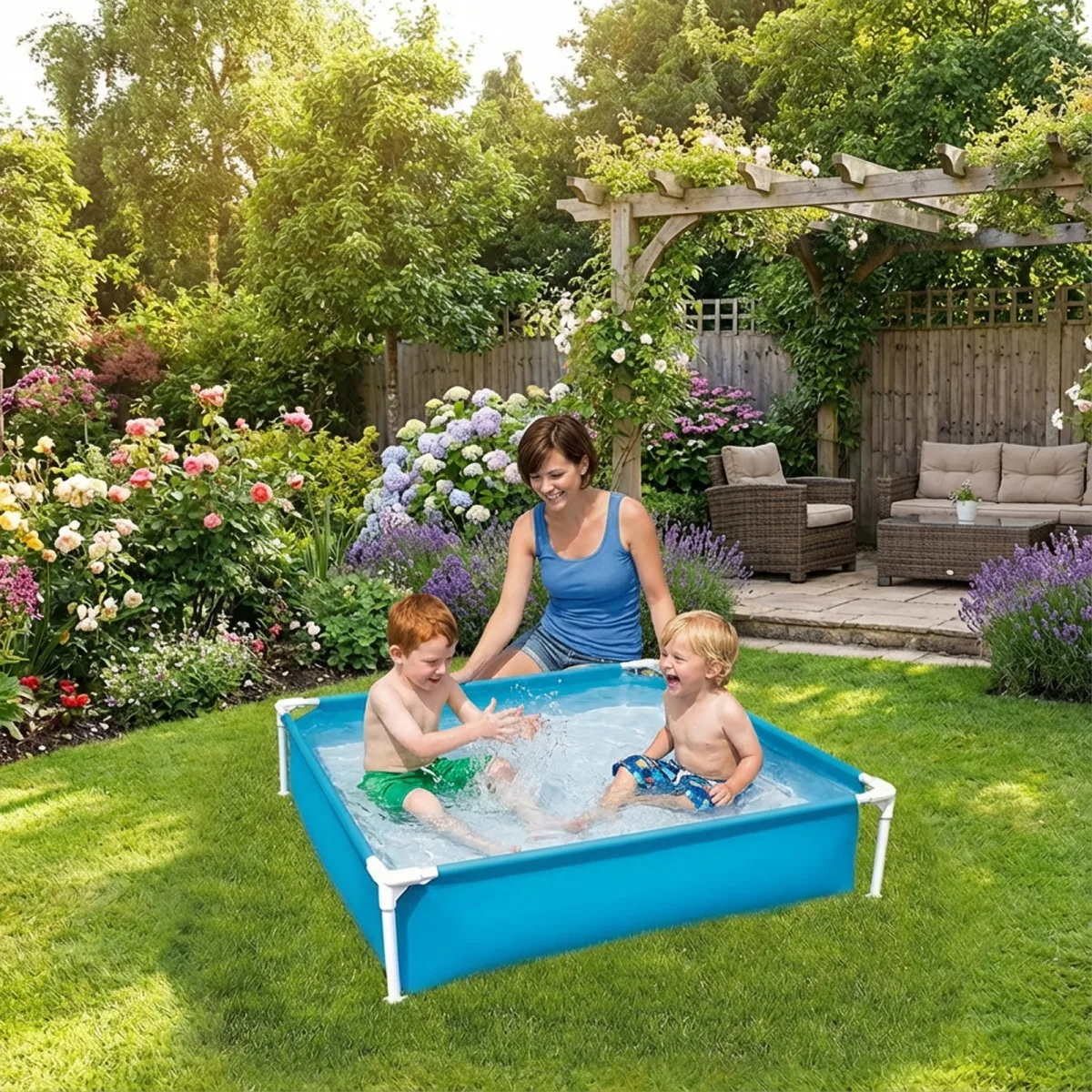 Piscina gradina patrata cu pereti rigizi 122x122cm, piscina PVC pentru copii si familie cu structura metalica