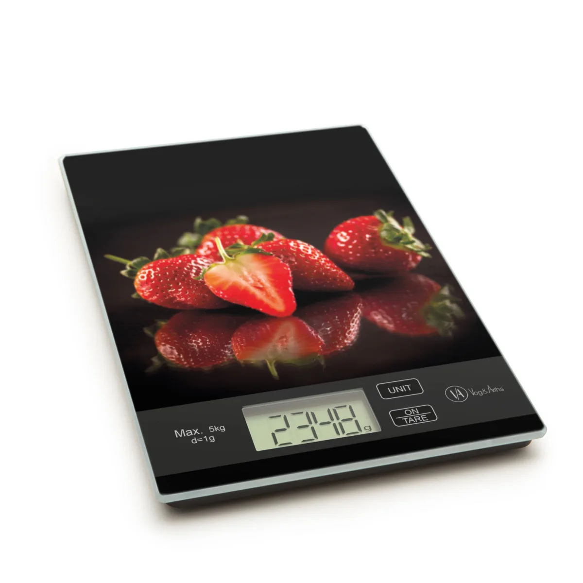 Cantar de bucatarie capsuni, negru, capac sticla, buton tactil, masurare g, kg, lb, oz, tara, 5 kg