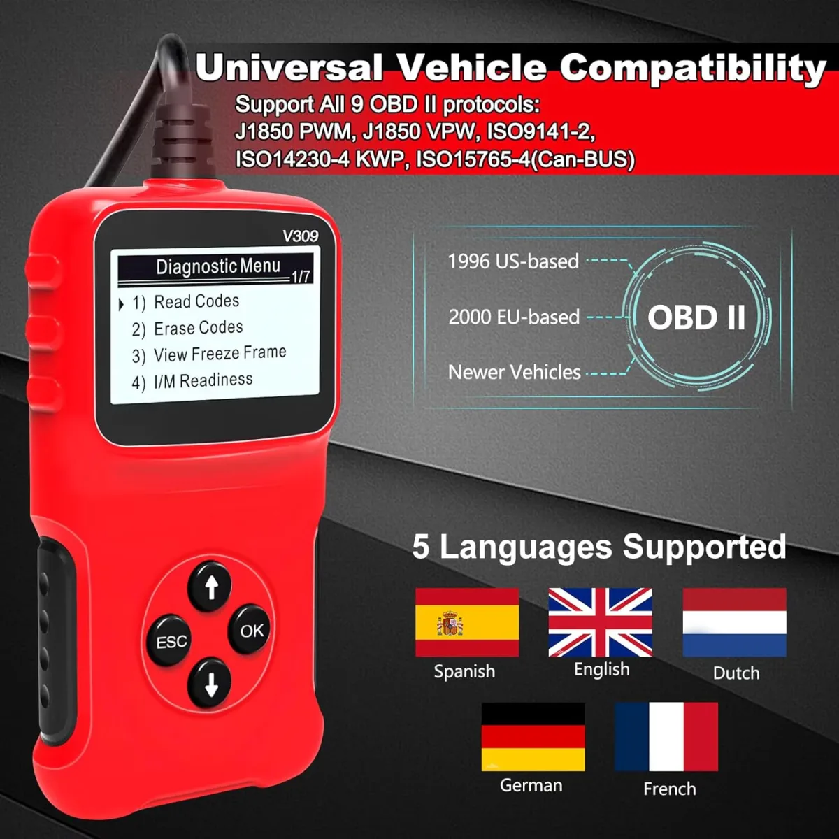 Tester auto MACVI OBD2 V309, citire/sterere coduri DTC, ecran LCD mare, plug and play - imagine 4