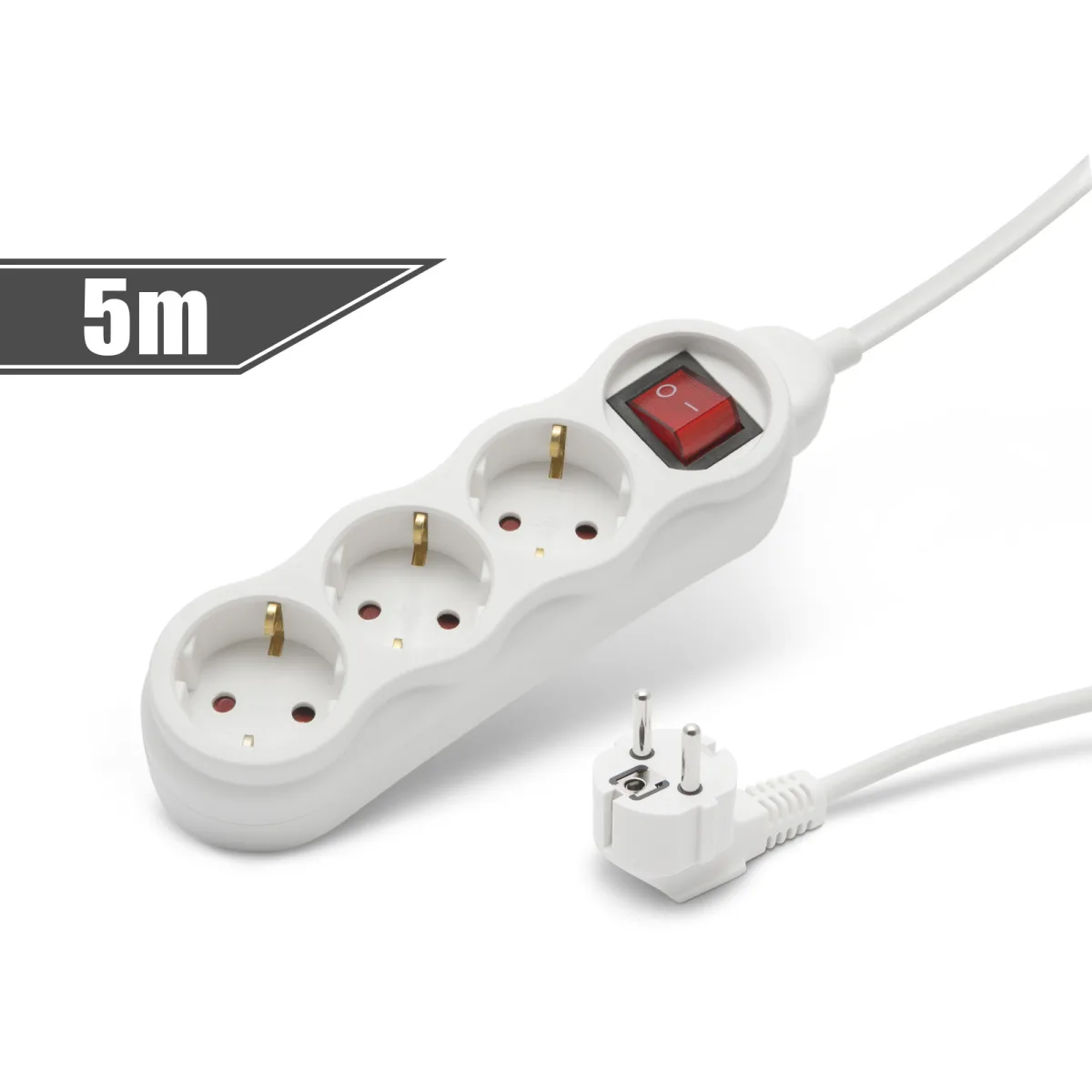 Prelungitor 3 prize Schuko, 5m, cu intrerupator, 16A, protectie copii, alb