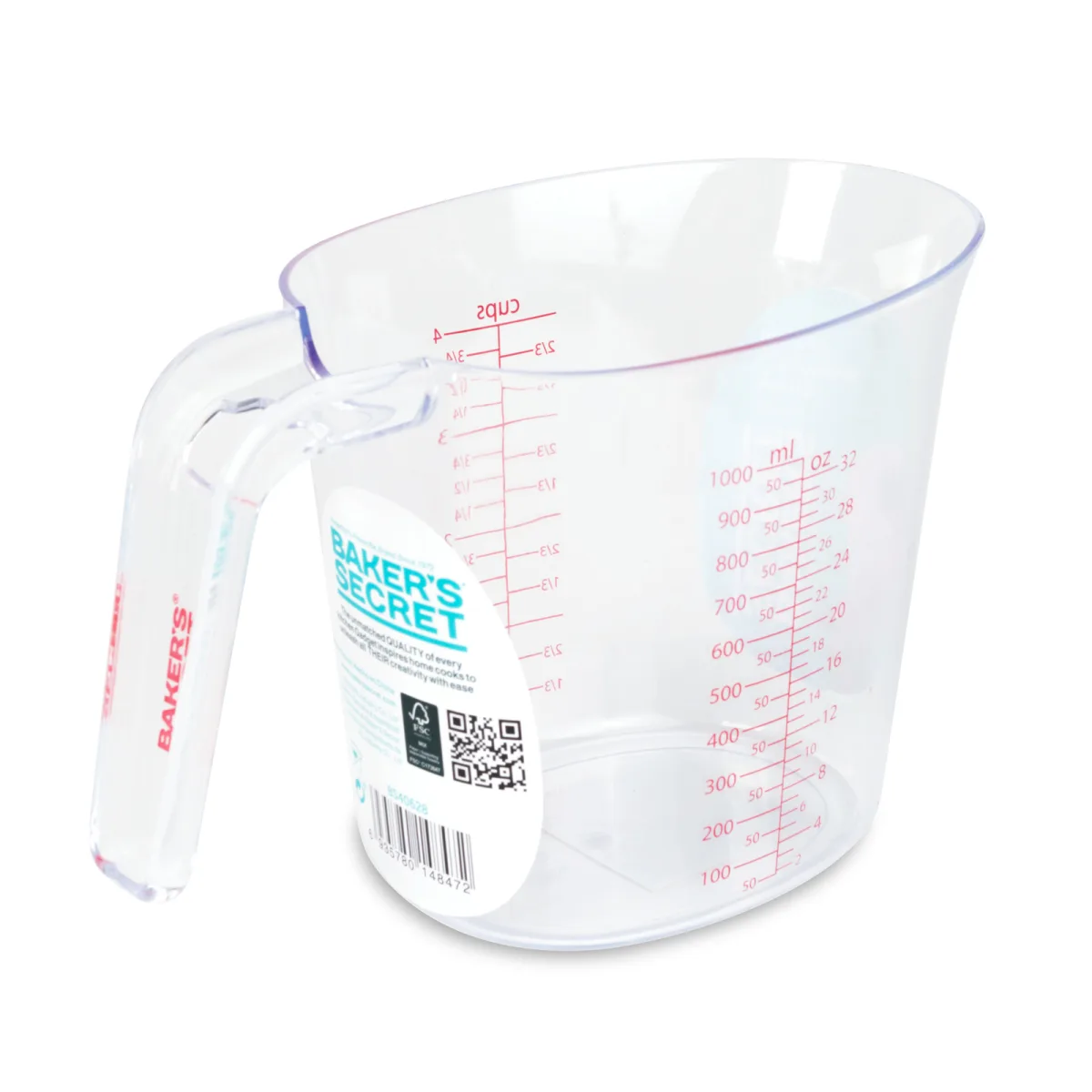 Cana gradata Baker's Secret 1000 ml plastic transparent, recipient masurare cu gradatii ml oz cup
