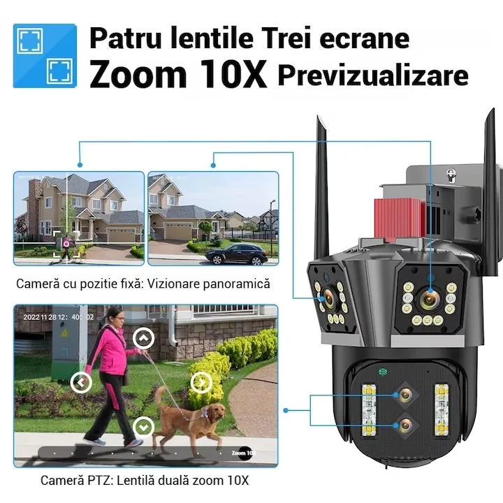 Camera Supraveghere WiFi Tripla Macvi® 4MP HD IP66 Rotire Inteligenta Zoom 4X Vedere Nocturna Color Audio Bidirectional Alarma - imagine 3