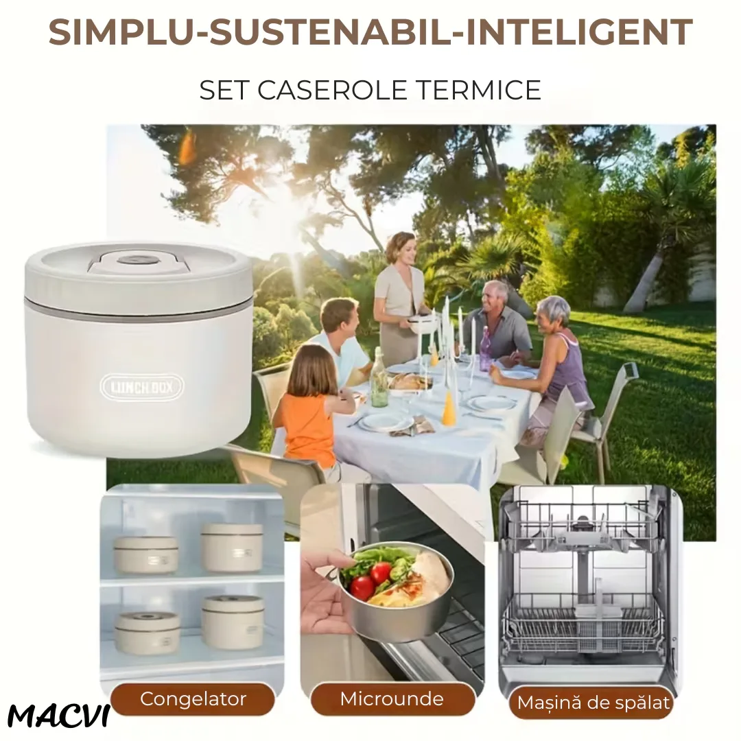Set Caserole Termice Macvi® din Otel Inoxidabil cu Geanta termoizolanta, 4 Bucati, 2x 450ml si 2x 600 ml, 2xTacamuri Incluse, Capac Etans cu Clips si Inel Silicon pentru Scoala Birou Picnic Bej - imagine 3