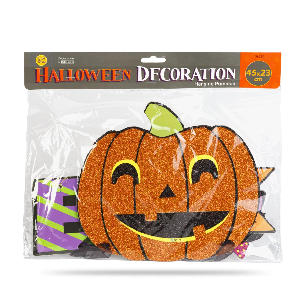 Decor Halloween, dovleac agatat, spuma, portocaliu, mov, negru, sclipitor, 45x23 cm - imagine 3