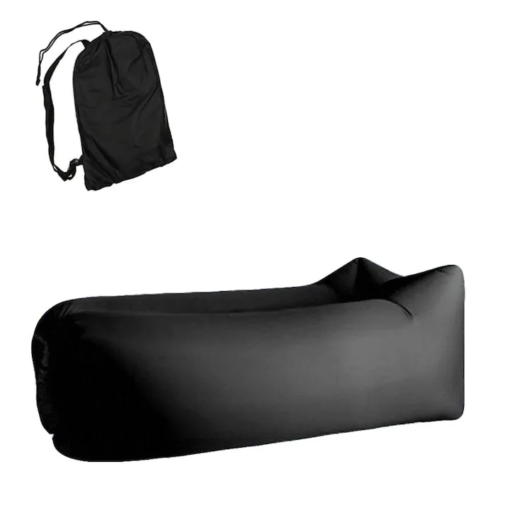 Saltea gonflabila tip sezlong Lazybag Macvi®, material rezistent, umflare fara pompa, pentru plaja/picnic/camping, rucsac de depozitare, 190 x 70 cm,Negru