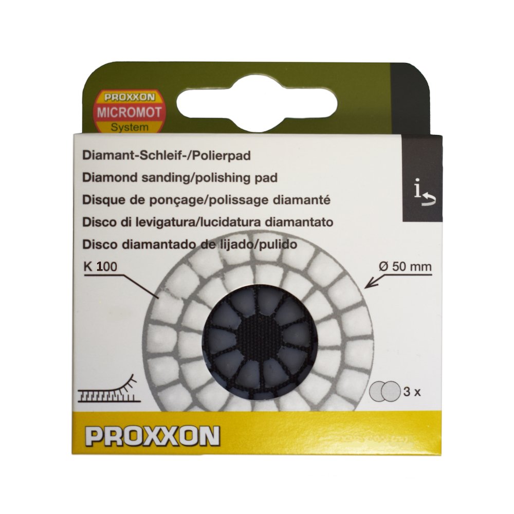 proxxon 28657, set 3 discuri diamantate pentru slefuire si lustruire, gr100, diametru 50mm, pentru wp/a si wp/e 3 Proxxon 28657, Set 3 discuri diamantate pentru slefuire si lustruire, GR100, diametru 50mm, pentru  WP/A si WP/E - imagine 3