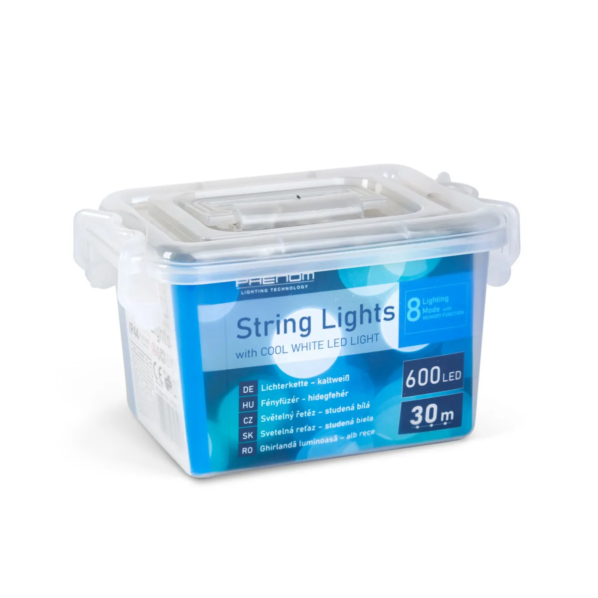Instalatie de Craciun 30 m, 600 LED alb rece, 8 jocuri lumini, timer, IP44, cablu transparent - imagine 6