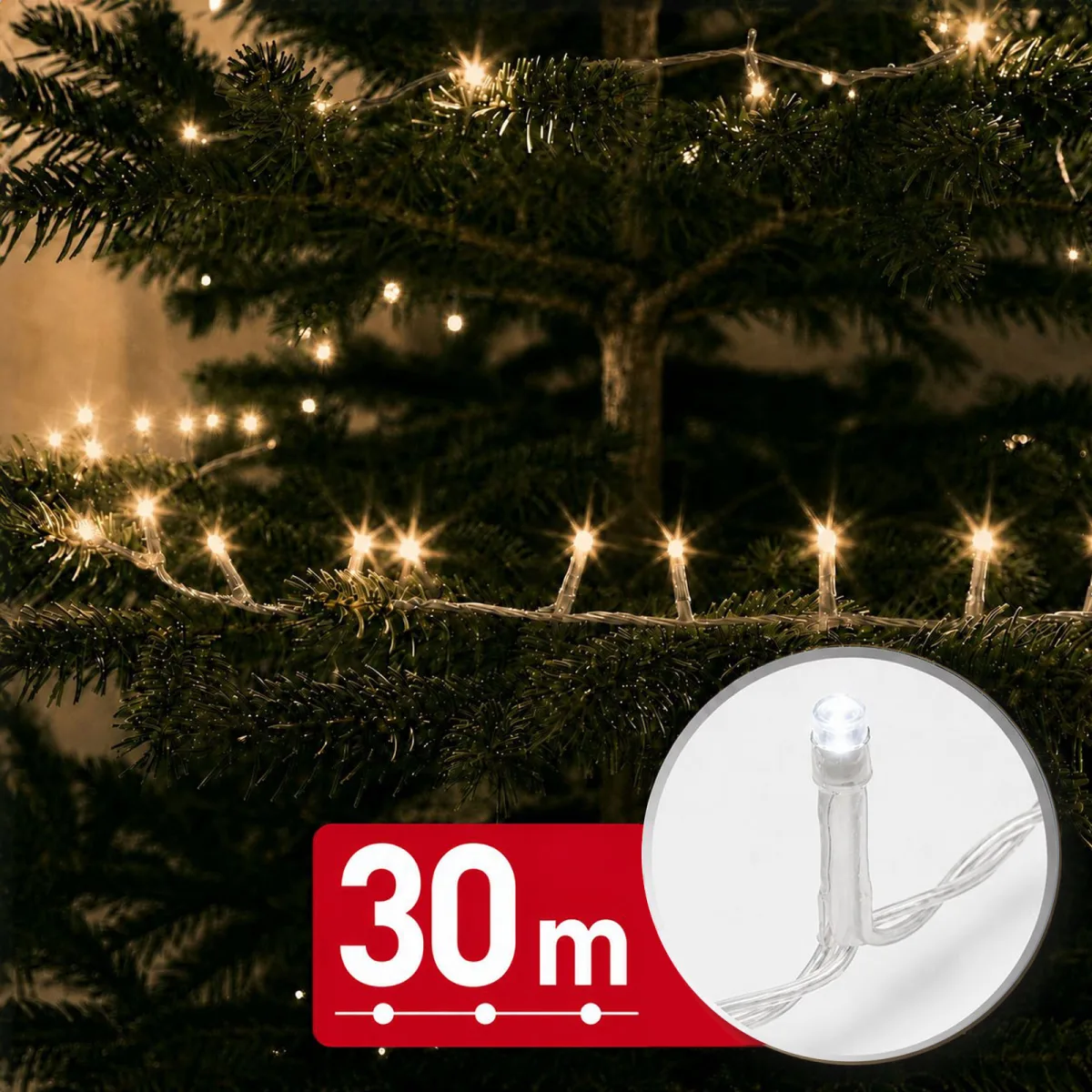 Instalatie de Craciun 30 m, 600 LED alb cald, 8 jocuri lumini, timer, IP44, cablu transparent