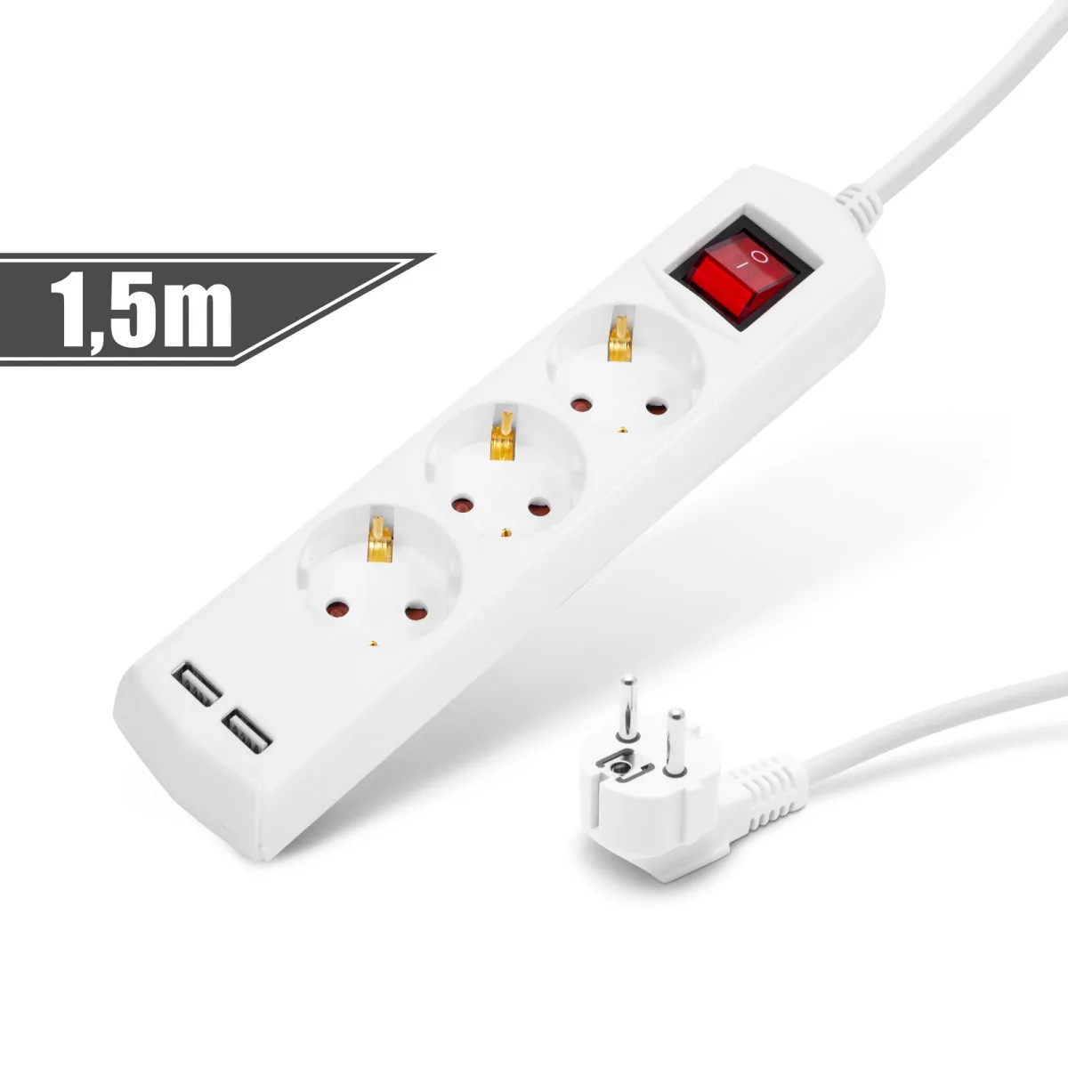 Prelungitor 3 prize Schuko 1.5m, 2x USB 2.1A, intrerupator, 16A, protectie copii
