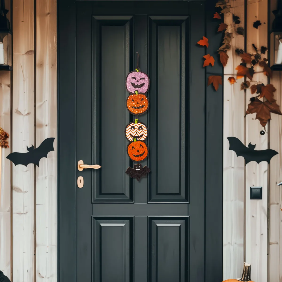 Decor Halloween, dovleac agățabil, lemn MDF, 62 x 13 cm, portocaliu, mov, negru, sclipitor