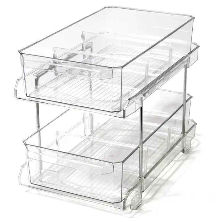 Organizator frigider Macvi® slide-out 2 nivele, transparent, sertare glisante, separatoare detasabile, 33x23x19 cm