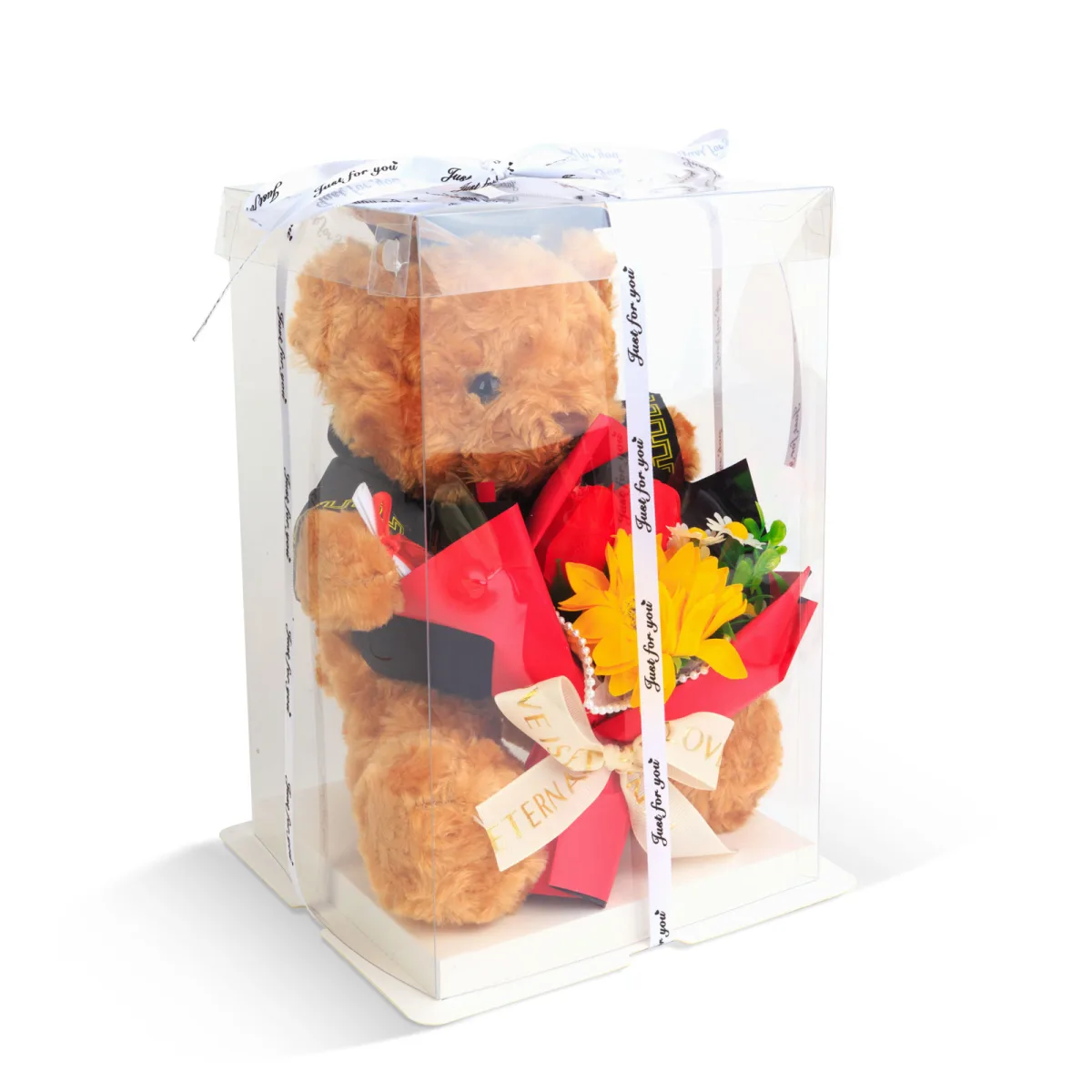 Urs decorativ cu flori in cutie plexi 28 cm, 28 x 17 x 17 cm - imagine 2
