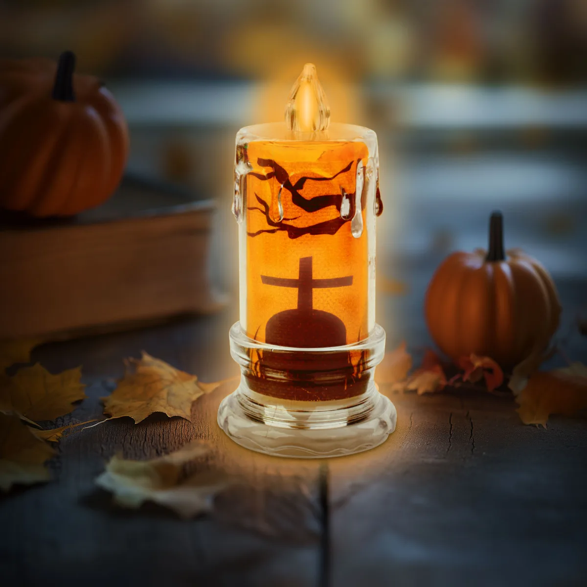 Decor LED Halloween, lumanare, LED portocaliu, 5x5x10 cm, functionare baterie, ON/OFF, portabil