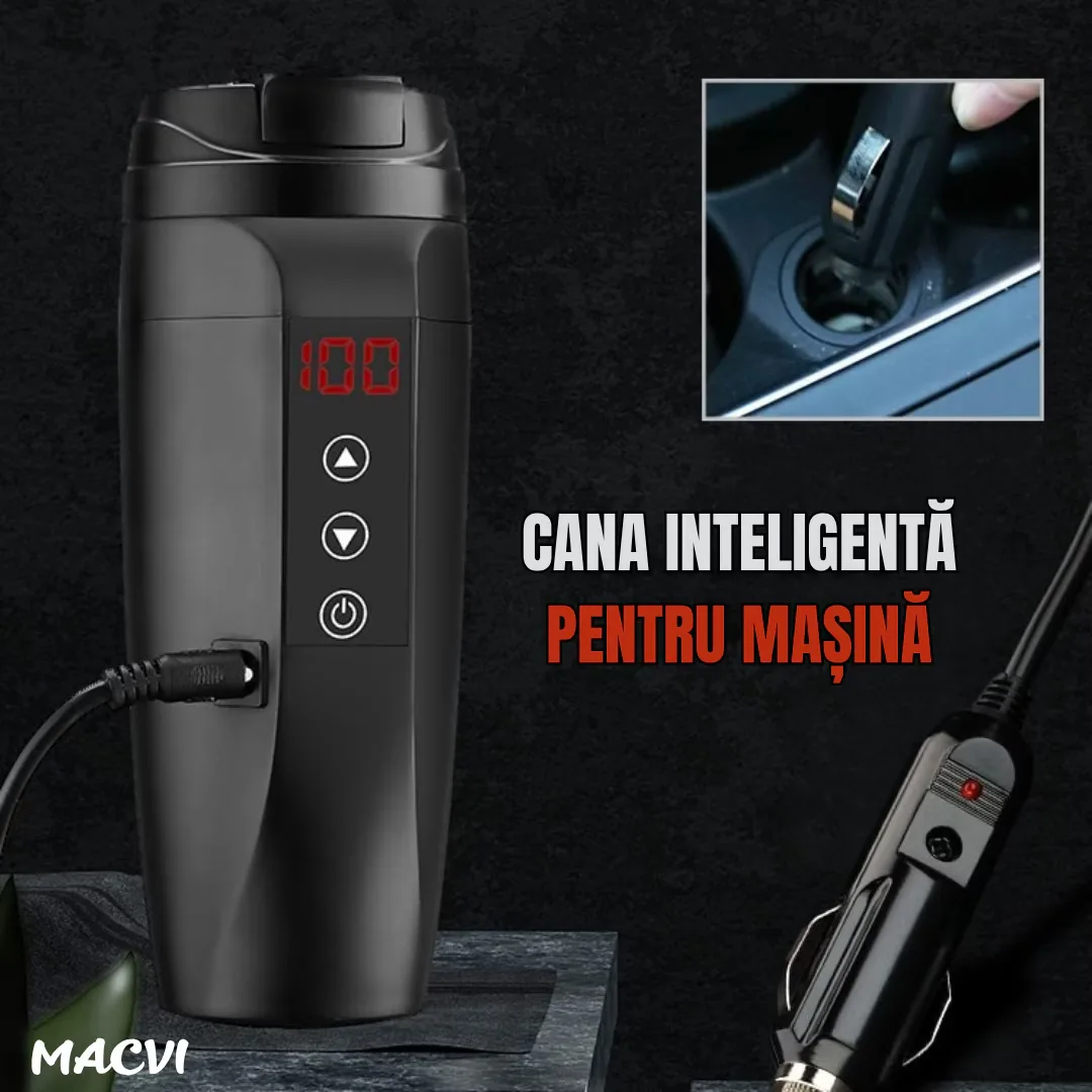 Cana inteligenta tip termos Macvi®, afisaj temperatura, inox premium, etansa, incarcare auto 12V/24V, 0.45L, negru - imagine 2