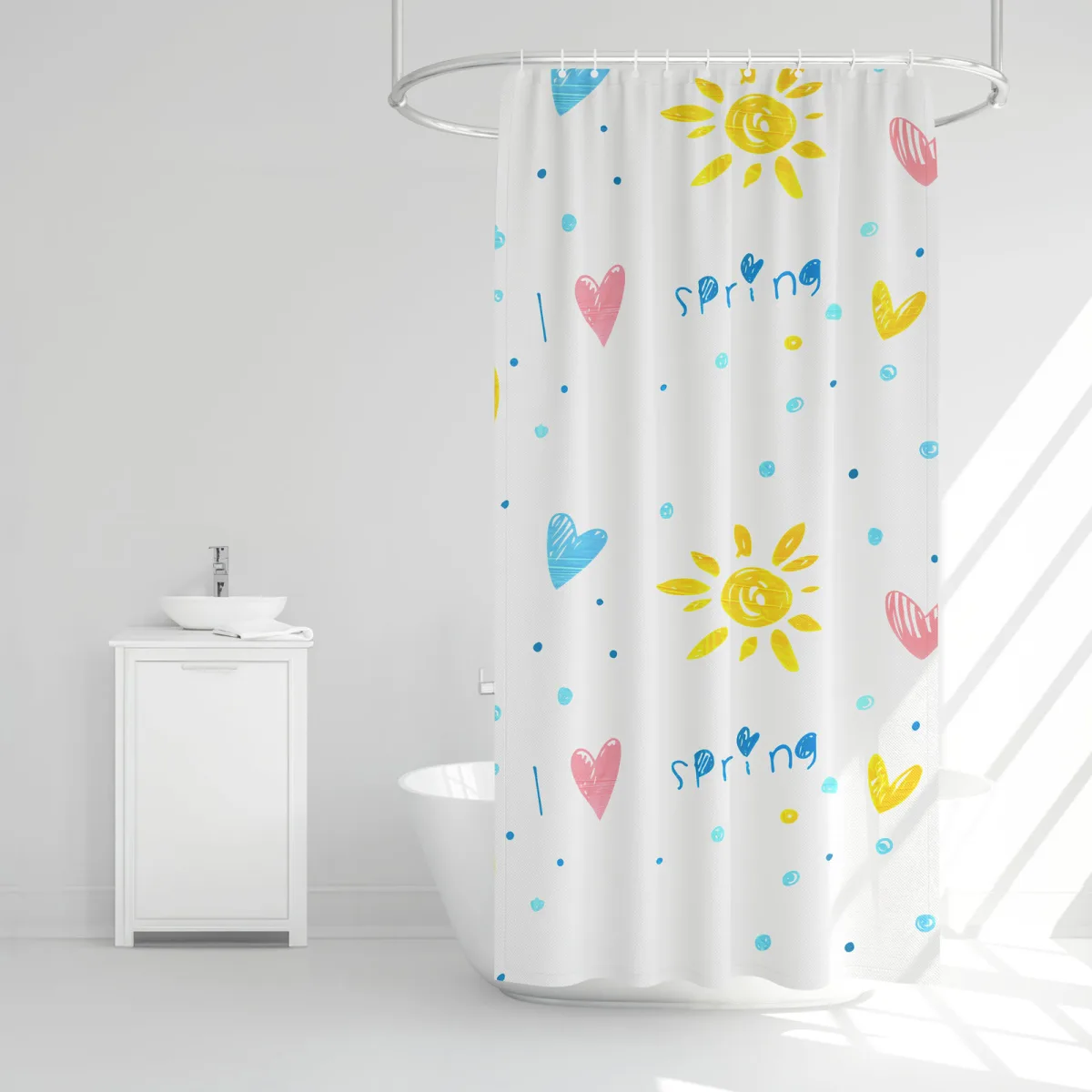 Set cortina dus, 180x180 cm, 3 modele, albastru, primavara, patrat, semitransparent cu inele - imagine 2