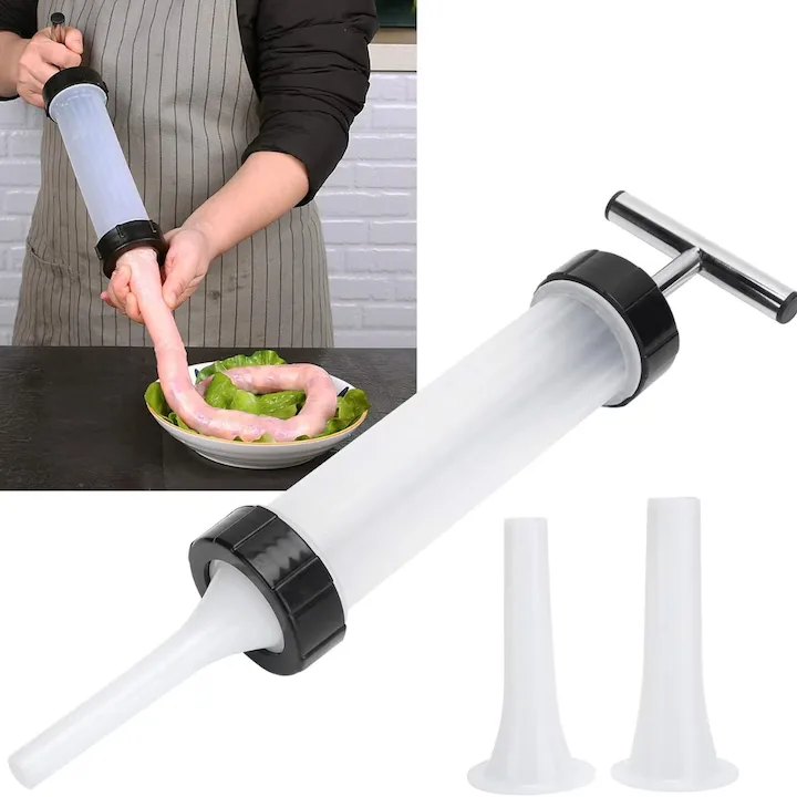 Aparat manual pentru umplut carnati, Macvi®, inox/plastic, 0.5 kg, 2 tuburi de umplere, alb