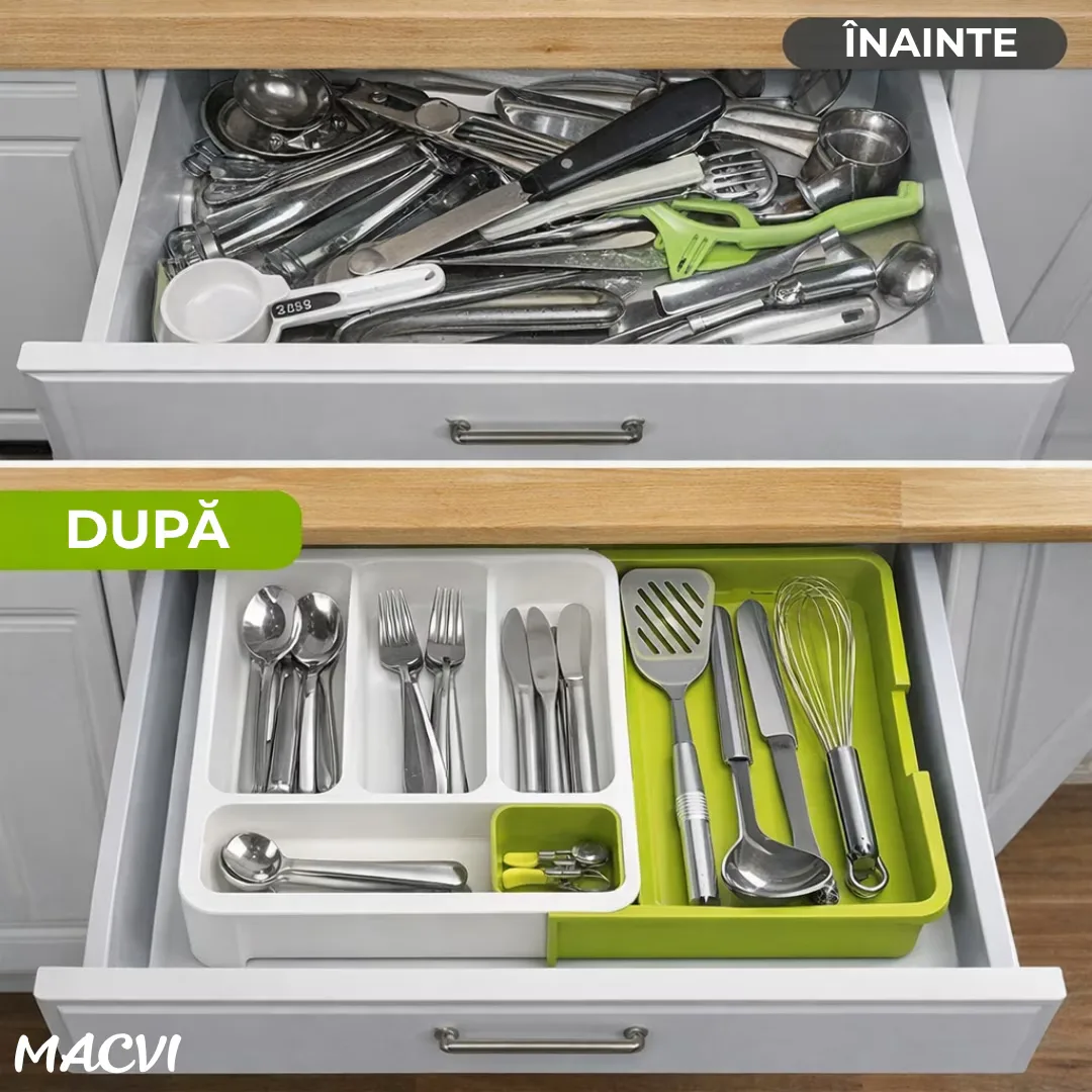 Suport modular extensibil Macvi® pentru tacamuri, 29-48 cm, ABS, alb-verde, organizator sertare - imagine 3